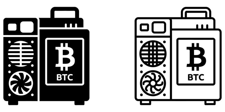 Bitcoin mining hardware machine solid outline icons on clear backdrop set.