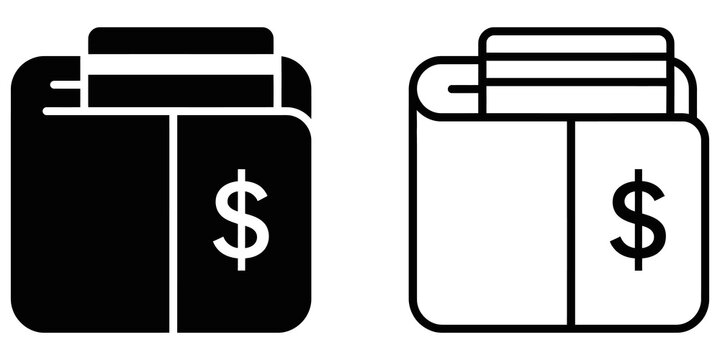 Black and outline wallet with dollar sign for finance vector icons.