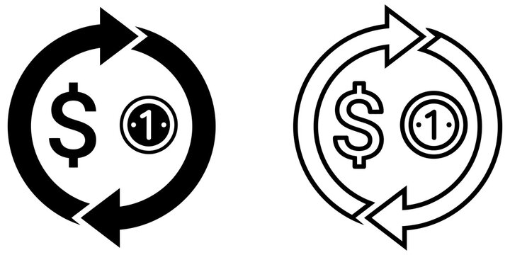 Currency exchange icon set with dollar and coin on checkered pattern.