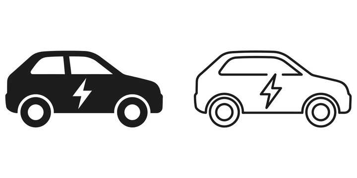 Electric car icons black filled and outline design for transport symbol.