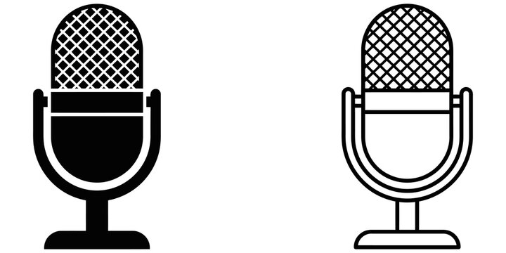 Retro condenser microphone line and glyph icon set for broadcasting.