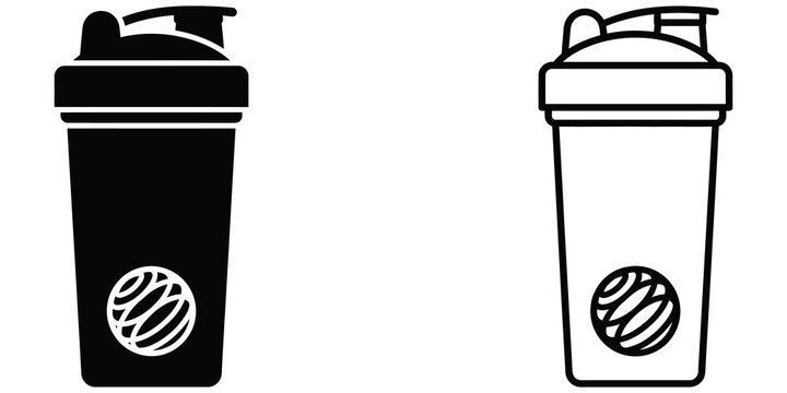 Protein shaker bottle solid and outline icons set on isolated surface.