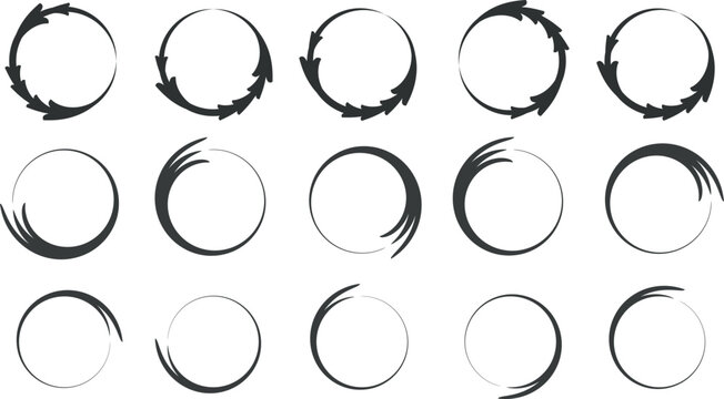 Set of black circular arrow frames and dynamic brush stroke symbols isolated on white background   