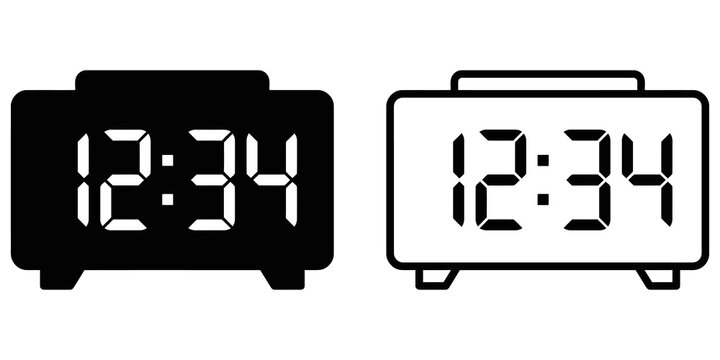 Digital alarm clock icon pack in solid and line design styles on png.