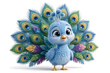 Fototapeta premium Cute fluffy blue baby peacock with colorful feathers fanned out on white background