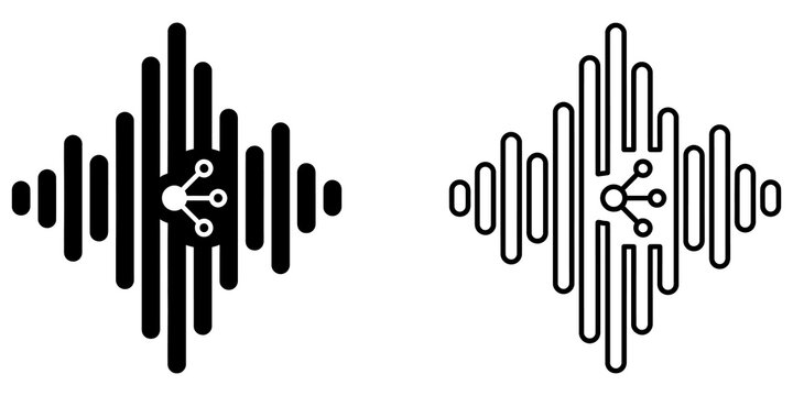Digital sound wave sharing icon with network node symbol in center design.