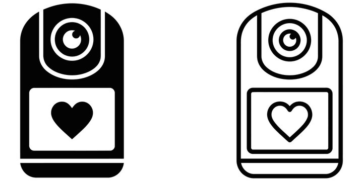 Heart camera icon set black line design for mobile media capture device.