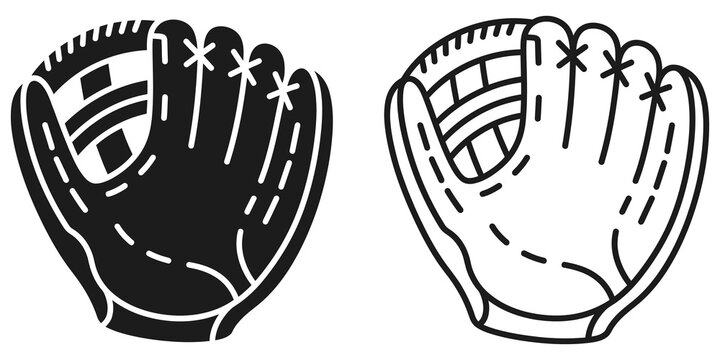 Baseball leather glove black and line icons on transparent background.