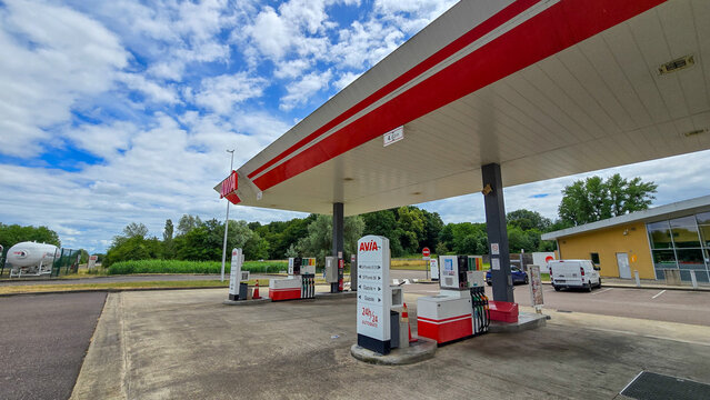 France - June 3, 2026. Highway petrol station infrastructure AVIA with automated 24h fuel payment terminal.