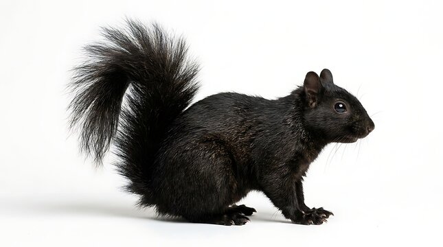 Black squirrel standing in profile isolated on a white background with a bushy tail