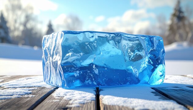 Rough blue ice block resting on a snowy wooden surface in a winter landscape, 3D Illustration.