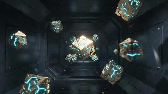 Abstract glowing quantum computing qubits suspended in a high-tech vacuum chamber
