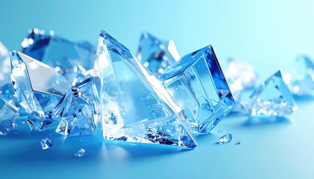 Shattered ice crystals 3D Illustration sparkling on an icy blue background
