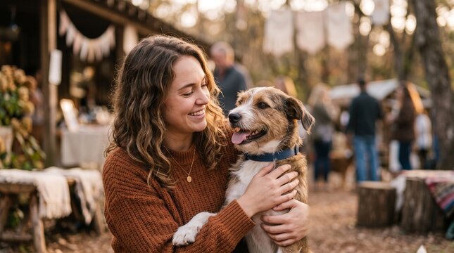 Young woman holding and embracing a scruffy dog outdoors at sunset