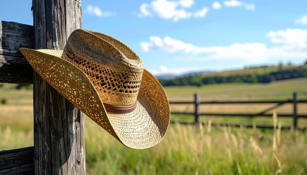 3D Illustration of a woven straw cowboy hat hanging beside a wooden ranch gate overlooking open grassland.