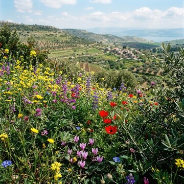 Vibrant Wildflower Meadow Overlooking Scenic Rolling Hills And Distant Lake