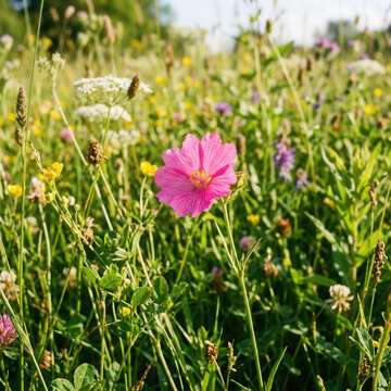 Vibrant Wildflower Meadow Blooming With Delicate Pink Flower In Sunlight