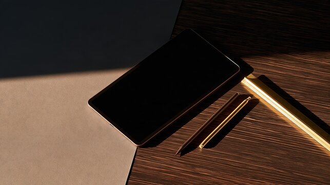 Tablet Screen Mockup with Stylus on Dark Wood