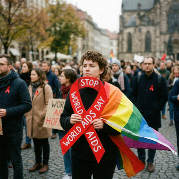 Vibrant World Aids Day March With Rainbow Flag And Awareness Ribbon