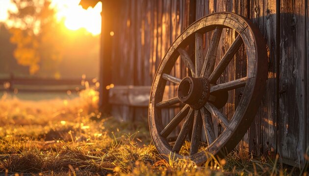 Rustic wooden wagon wheel leaning against an old countryside barn, 3D Illustration, detailed wood grain, warm sunset lighting.
