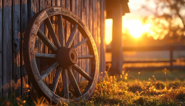 Rustic wooden wagon wheel leaning against an old countryside barn, 3D Illustration, detailed wood grain, warm sunset lighting.