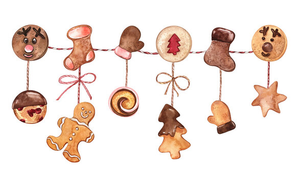Watercolor Christmas garland with collection of festive cookies. Cozy vintage style artwork for winter decorative projects