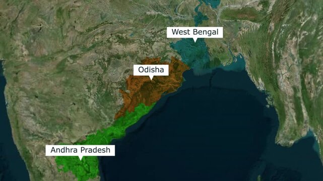 Satellite map view of indian states odisha andhra pradesh and west bengal with labels