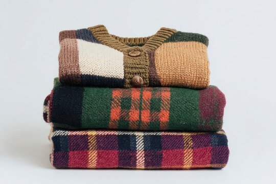Cozy folded sweaters in warm, earthy tones.