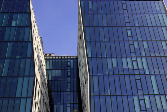 Prague, Czech Republic. A beautiful view of modern glass skyscrapers with curved facades. Office building,