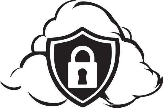 White cloud outline with a solid black shield and white padlock icon representing secure online data management cloud security data protection secure storage