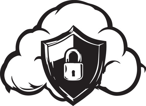 Dark cloud graphic featuring a central shield emblem with a padlock for digital security and cloud database safety data protection shield icon secure storage