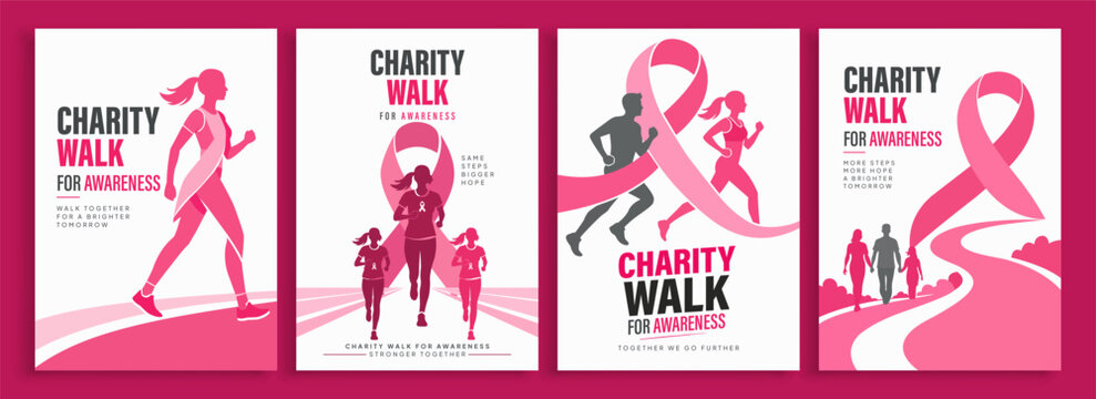 Breast cancer awareness charity walk posters set with pink ribbons, people running and walking, and motivational text for fundraising events and community support