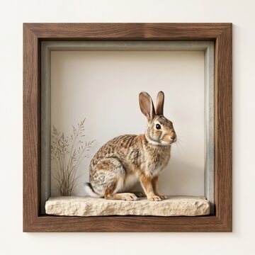 Cute brown rabbit sitting inside a rustic wooden square frame on a white background isolated on white background