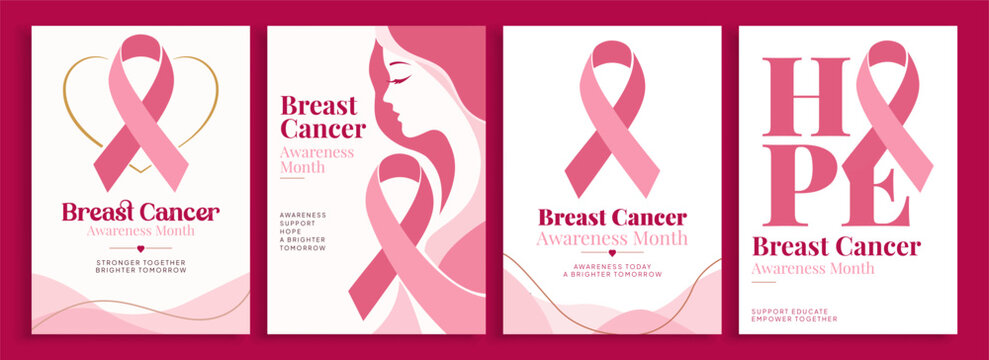 Set of four breast cancer awareness month posters featuring pink ribbons, female profiles, and heart shapes, designed to promote support, education, and hope
