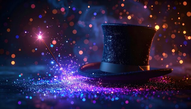 Magician hat and wand 3D Illustration surrounded by sparkling magical particles