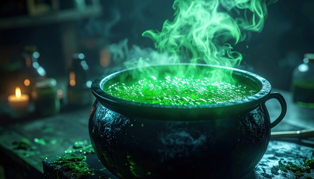 Cauldron filled with bubbling green liquid 3D Illustration on a spooky witch laboratory background
