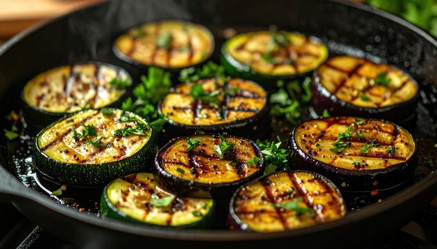 Grilled eggplant and zucchini slices cooking in a black cast iron pan with fresh parsley, 3D Illustration.