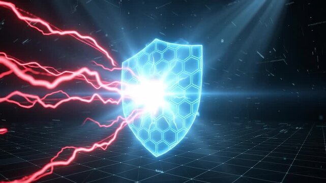 Glowing hexagonal cybersecurity firewall blocking red malware data streams