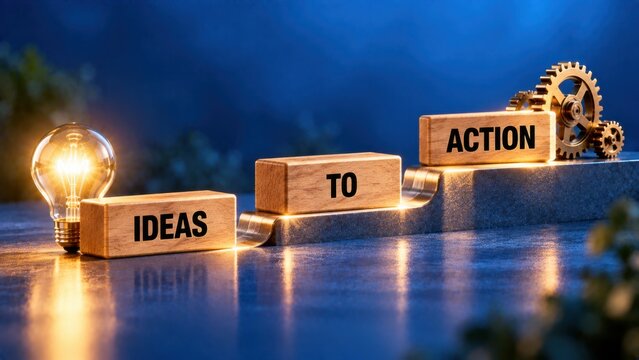 Glowing light bulb with wooden blocks representing path from ideas to action ending at golden industrial gears.