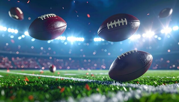 American footballs floating above a professional sports field 3D Illustration beneath bright stadium lights
