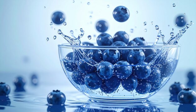 Blueberries suspended in sparkling water around a modern glass bowl, 3D Illustration, refreshing composition.