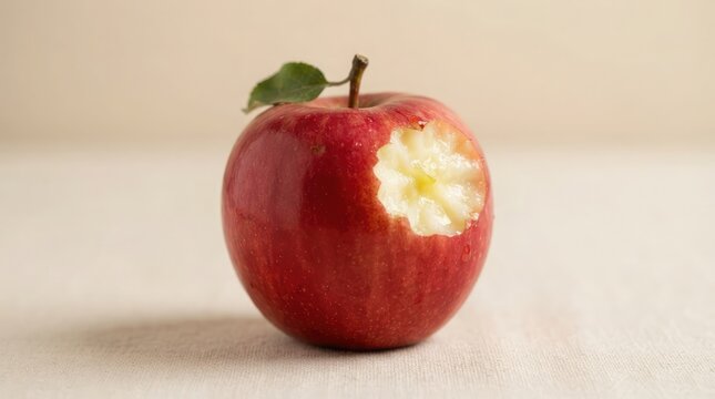 A crisp red apple with a fresh bite mark showing succulent white fruit texture inside centered against a clean beige neutral background