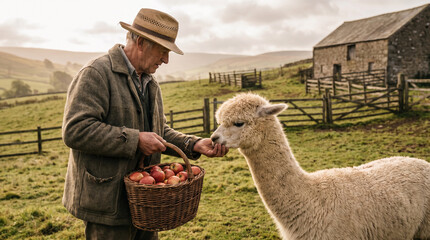 Fototapeta premium Farmer feeding red apples to a fluffy alpaca in a rural countryside field