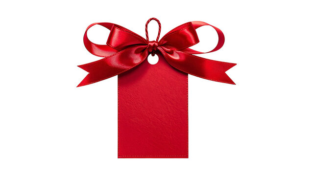 Red gift tag with ribbon bow on transparent background