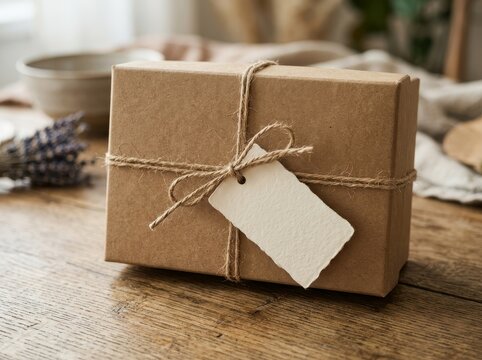 Brown gift box with twine and blank tag