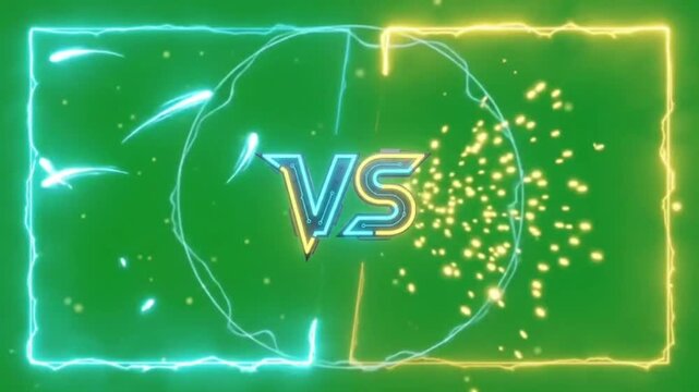 Versus VS Screen with Electric Blue and Gold Neon Glowing Frames on Green Screen Background