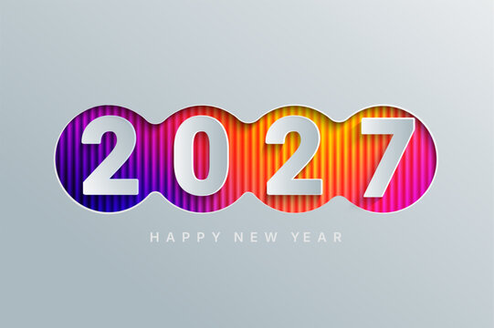 2027 new year elegant greeting card in minimal papercut style. Paper numbers on ribbed fractal glass textured background with fluid neon colors for flyers,web, banners, posters,business diaries.Vector