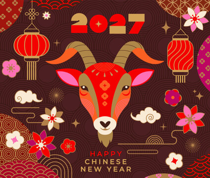 Chinese luxury greeting card for 2027 New Year with goat,lanterns,flowers,chinese patterns.Lunar new year banner with decorative elements.Asian ornaments.Oriental design for posters,ad,web,sales,flyer