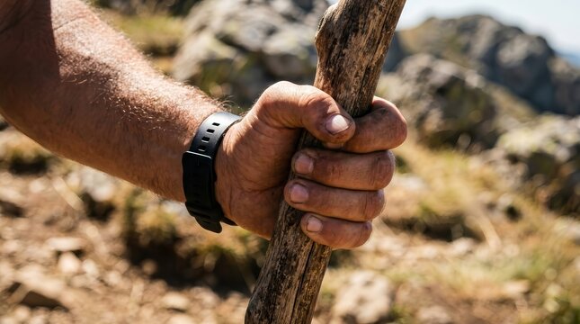 Detailed view of dirty hands holding a wooden staff during a hike