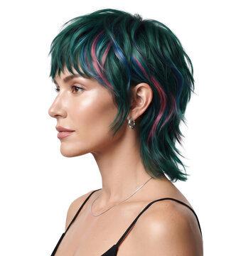 Stylish Woman With Teal Mullet Haircut Featuring Pink and Blue Streaks, Profile View, Studio Shot